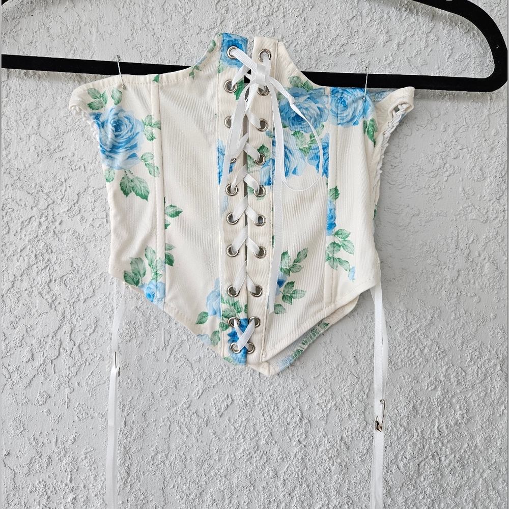 Blue Green & White Floral Underbust Lace Up Festival Faire Corset Top
